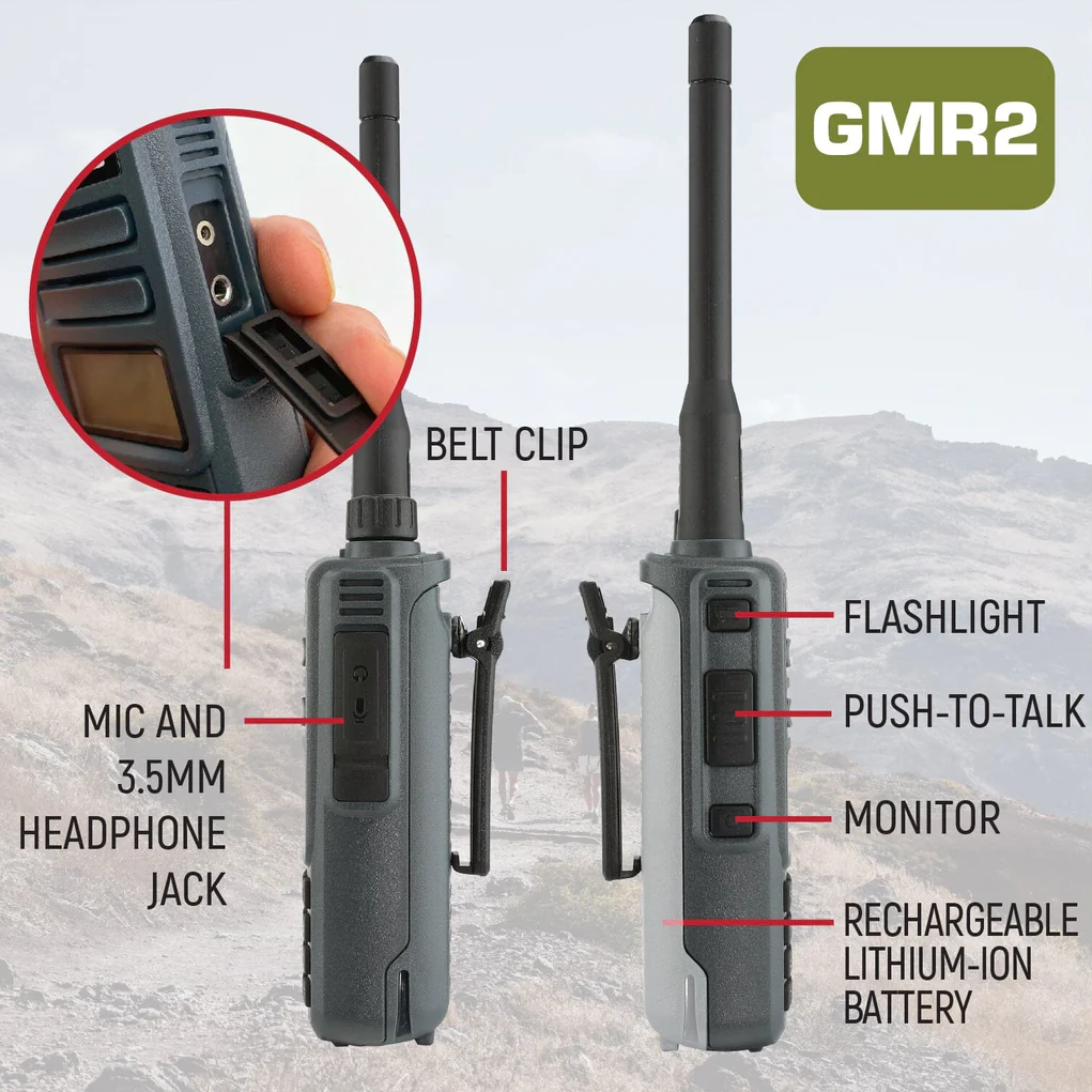 ADVENTURE PACK - 2 PACK - GMR2 GMRS and FRS Two Way Handheld Radios with XL Batteries and Hand Mics - Grey