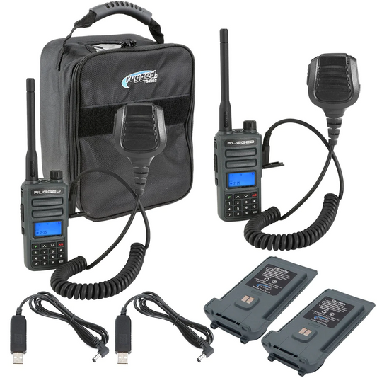 ADVENTURE PACK - 2 PACK - GMR2 GMRS and FRS Two Way Handheld Radios with XL Batteries and Hand Mics - Grey