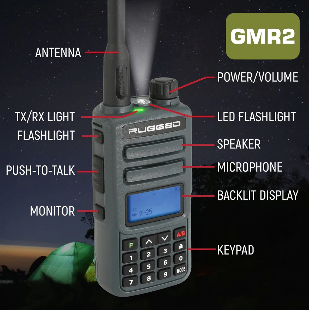 ADVENTURE PACK - 2 PACK - GMR2 GMRS and FRS Two Way Handheld Radios with XL Batteries and Hand Mics - Grey